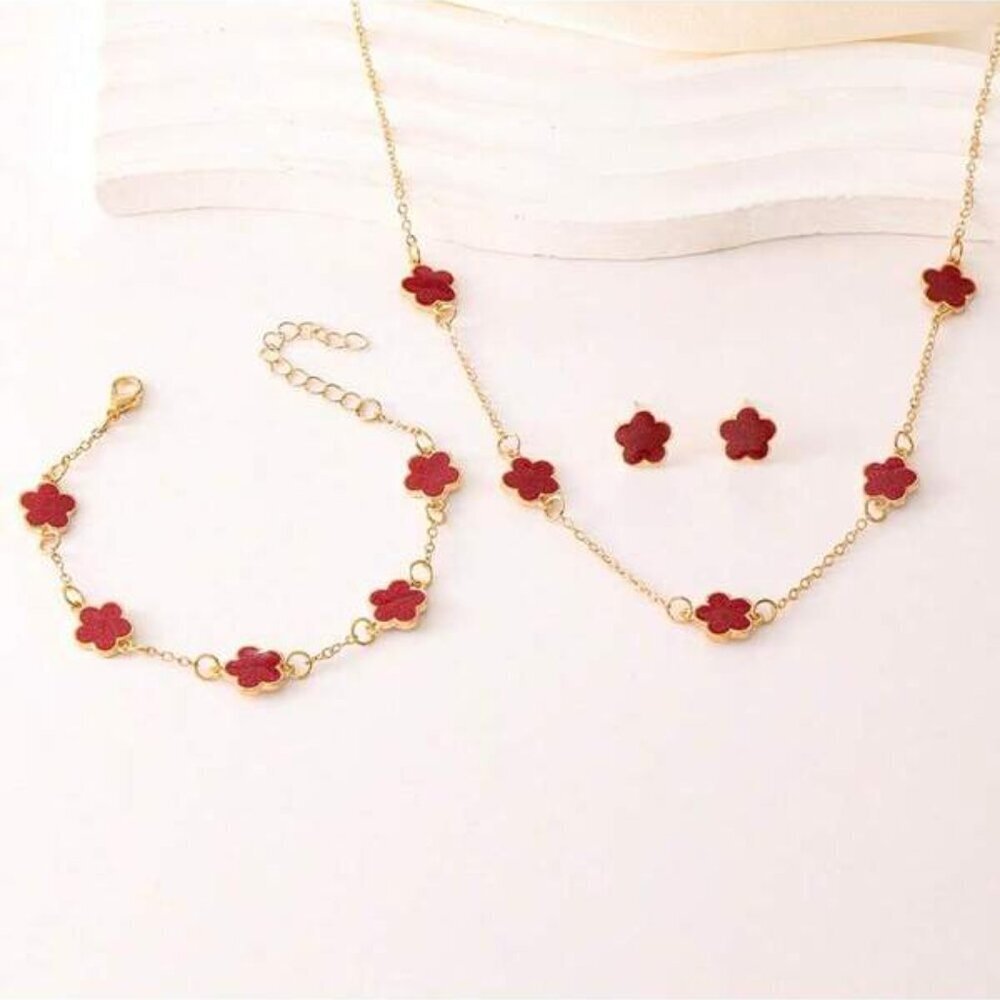 18K Gold Filled Red Clover Jewelry Set (Necklace, Bracelet & Earrings)